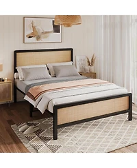 Gaomon Boho Rattan Full Size Bed Frame with Headboard & Footboard, Sturdy metal Platform Bed, Rattan Headboard, Under-Bed Storage, No Box