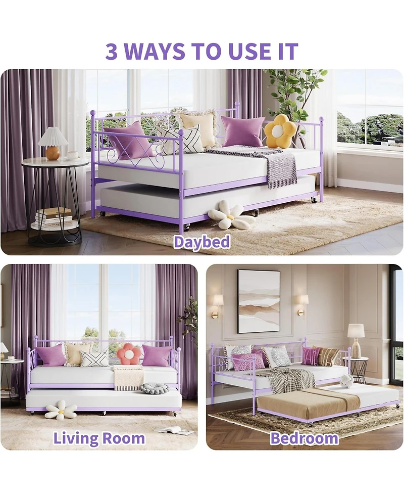 gaomon Kids Daybed with Trundle, Purple, Heart Metal Headboard, Steel Slats, Easy Assembly