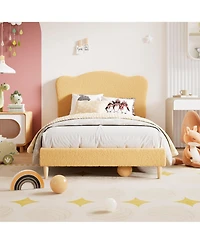 gaomon Bed Frame for Kids with Scallop Headboard, Velvet Upholstered, Sturdy Platform