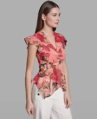 Bcbg Women's Ruched Flutter-Sleeve Printed Top