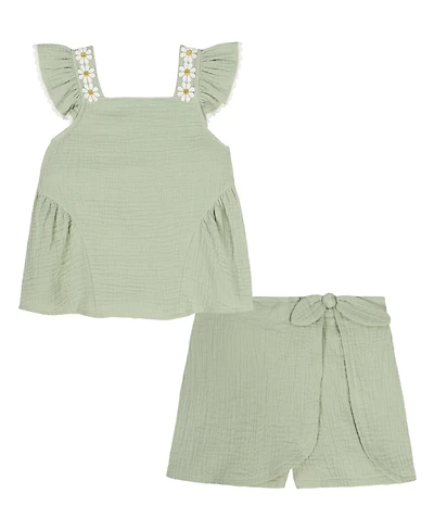 Kids Headquarters Girls' 2T-6X Crinkled Muslin Daisy Trim Tunic and Wrap Shorts, 2-Piece Set