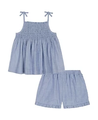 Kids Headquarters Girls' 2T-6X Woven Oxford Tunic and Ruffle Trim Shorts, 2-Piece Set