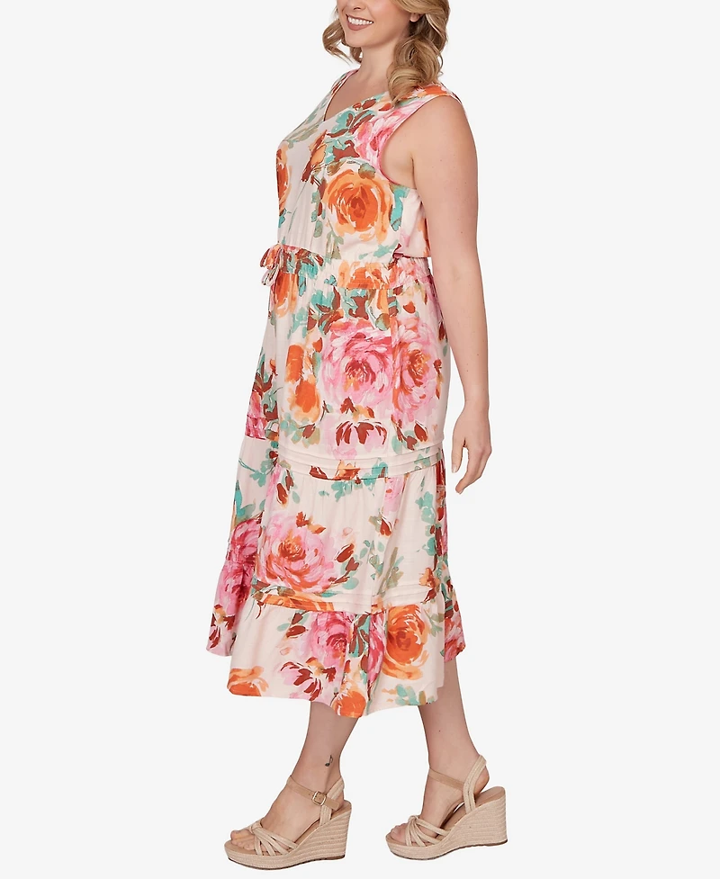 Ruby Rd. Plus Drawstring Waist Floral Linen Tiered Dress