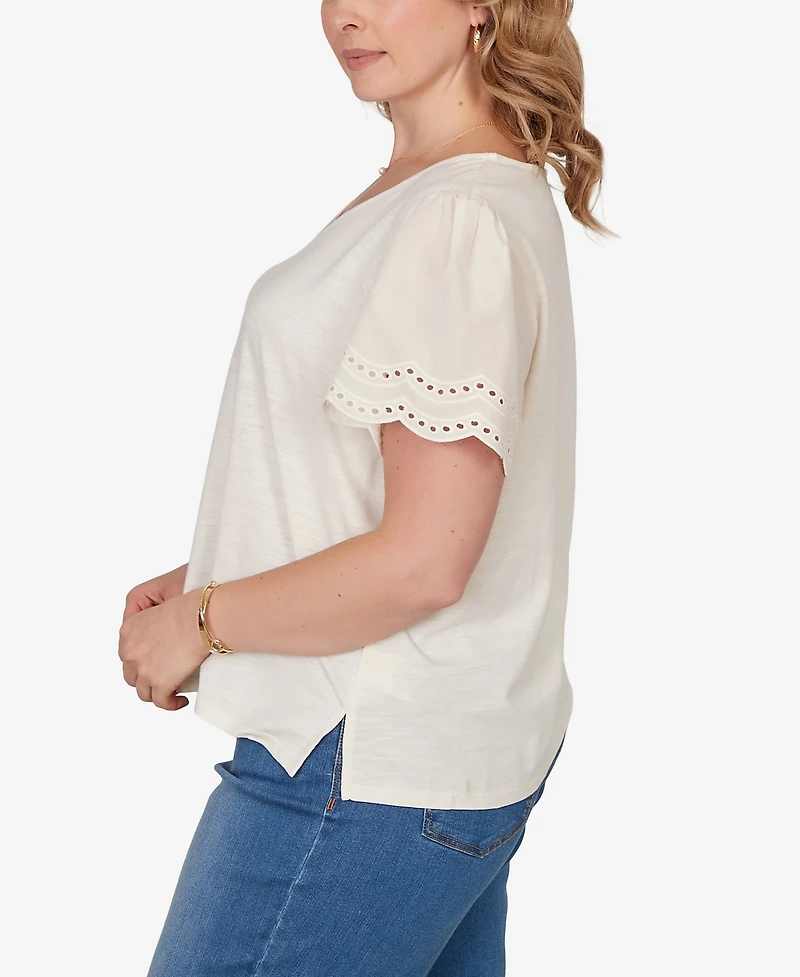 Ruby Rd. Plus Eyelet Poplin Sleeve Slub Knit Top