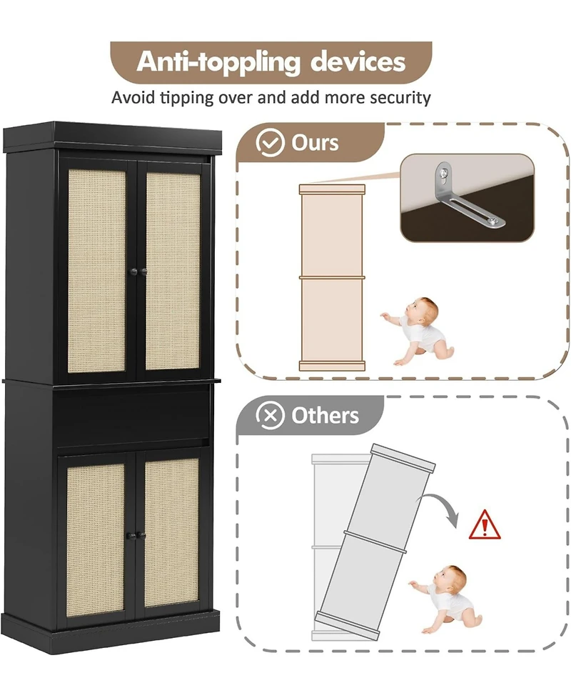 gaomon 70" Rattan Pantry Cabinet, Pantry Storage Cabinet with 4 Doors, Freestanding Cupboard with 3 Adjustable Shelves
