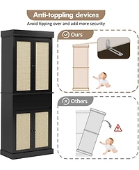 gaomon 70" Rattan Pantry Cabinet, Pantry Storage Cabinet with 4 Doors, Freestanding Cupboard with 3 Adjustable Shelves