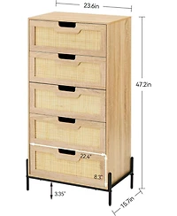 gaomon 5-Drawer Rattan Dresser, Tall Wood Chest with Metal Legs, Mid-Century