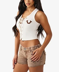 True Religion Women's Applique Lace Up Rib Tank Top