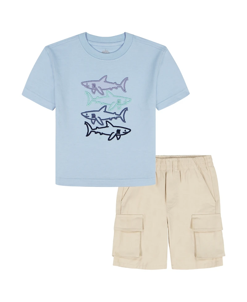 Kids Headquarters Boys' Toddler 2T-5T Short-Sleeve Fish T-Shirt and Poplin Cargo Shorts, 2-Piece Set