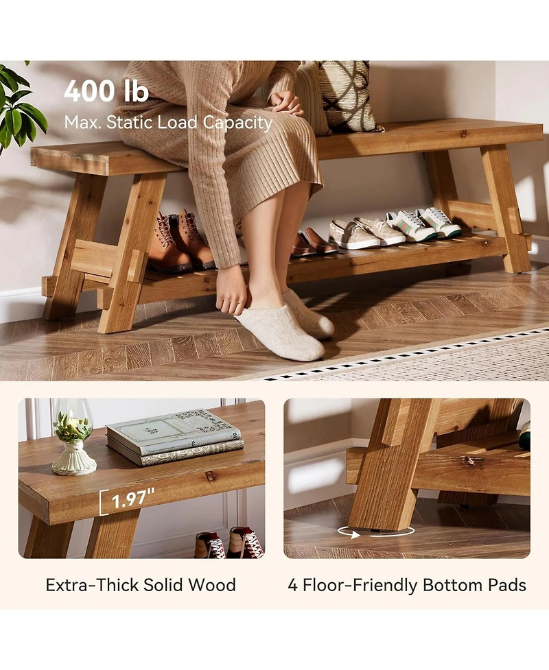 Tribesigns 63" Solid Wood Bench, 2-Tier Shoe Rack, Farmhouse Entryway Bench with Storage Shelf, Kitchen Dining Bench