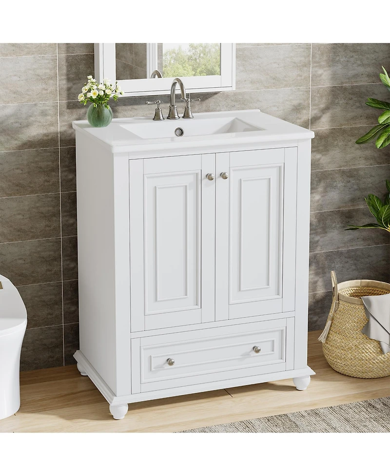 Tribesigns 24" Modern Freestanding Solid Wood Bathroom Vanity with Ceramic Sink, Adjustable Shelf Storage, Soft-Close Cabinet & Drawer