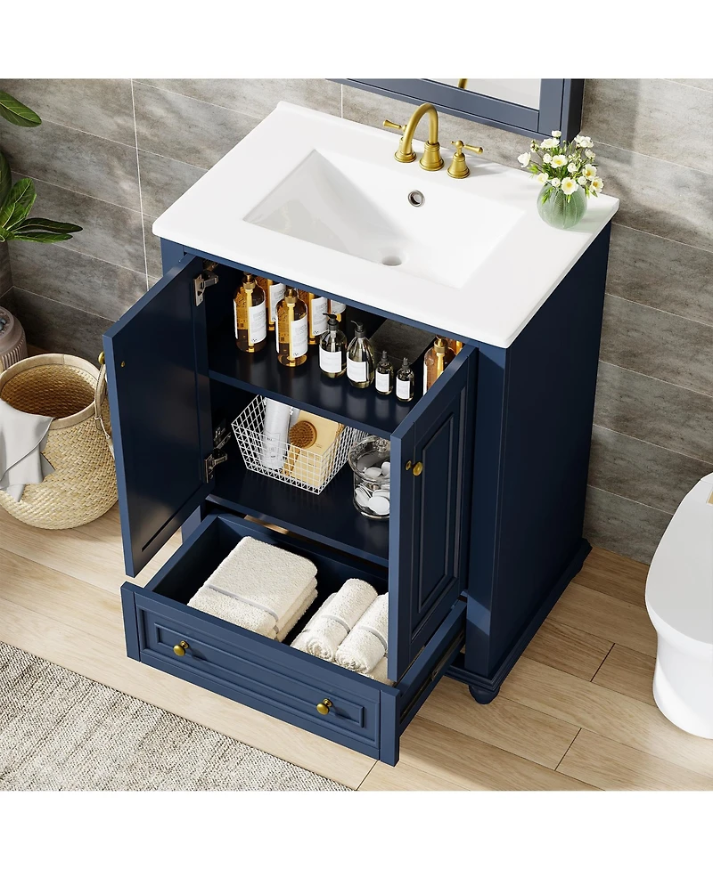 Tribesigns 24" Modern Freestanding Solid Wood Bathroom Vanity with Ceramic Sink, Adjustable Shelf Storage, Soft-Close Cabinet & Drawer
