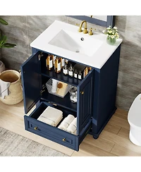 Tribesigns 24" Modern Freestanding Solid Wood Bathroom Vanity with Ceramic Sink, Adjustable Shelf Storage, Soft-Close Cabinet & Drawer