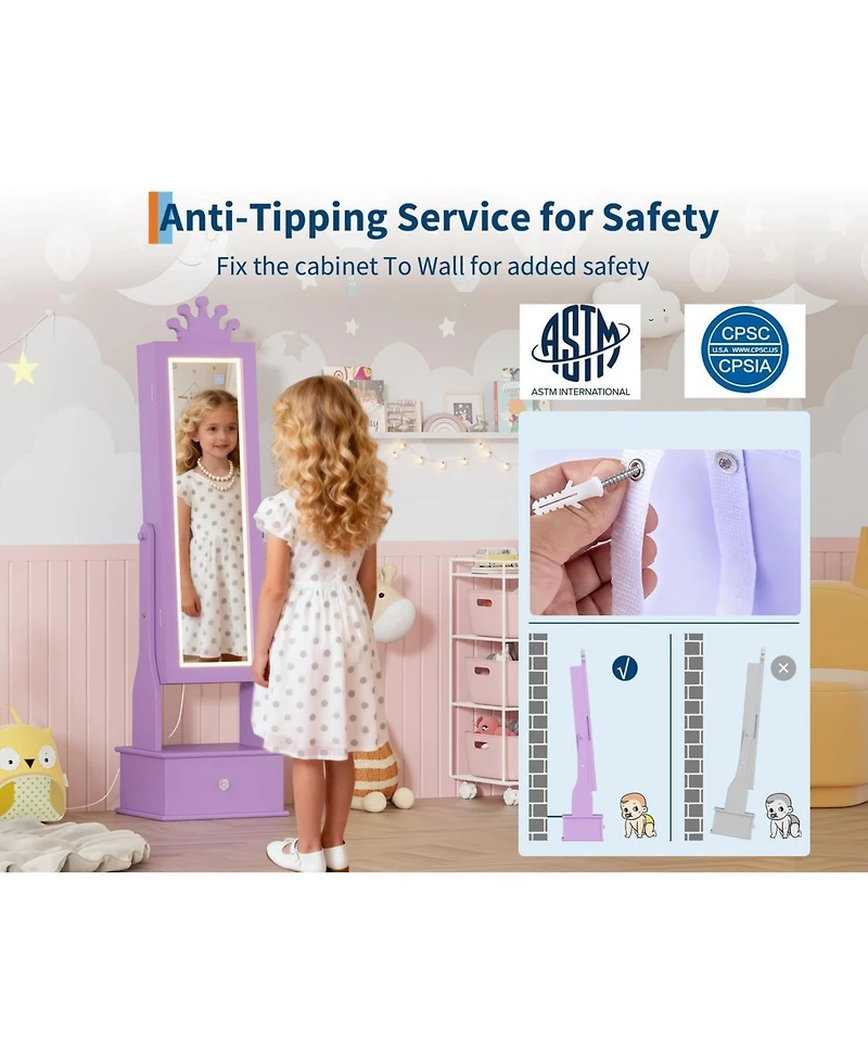 gaomon Kids Jewelry Armoire with Full-Length Mirror and Led Light