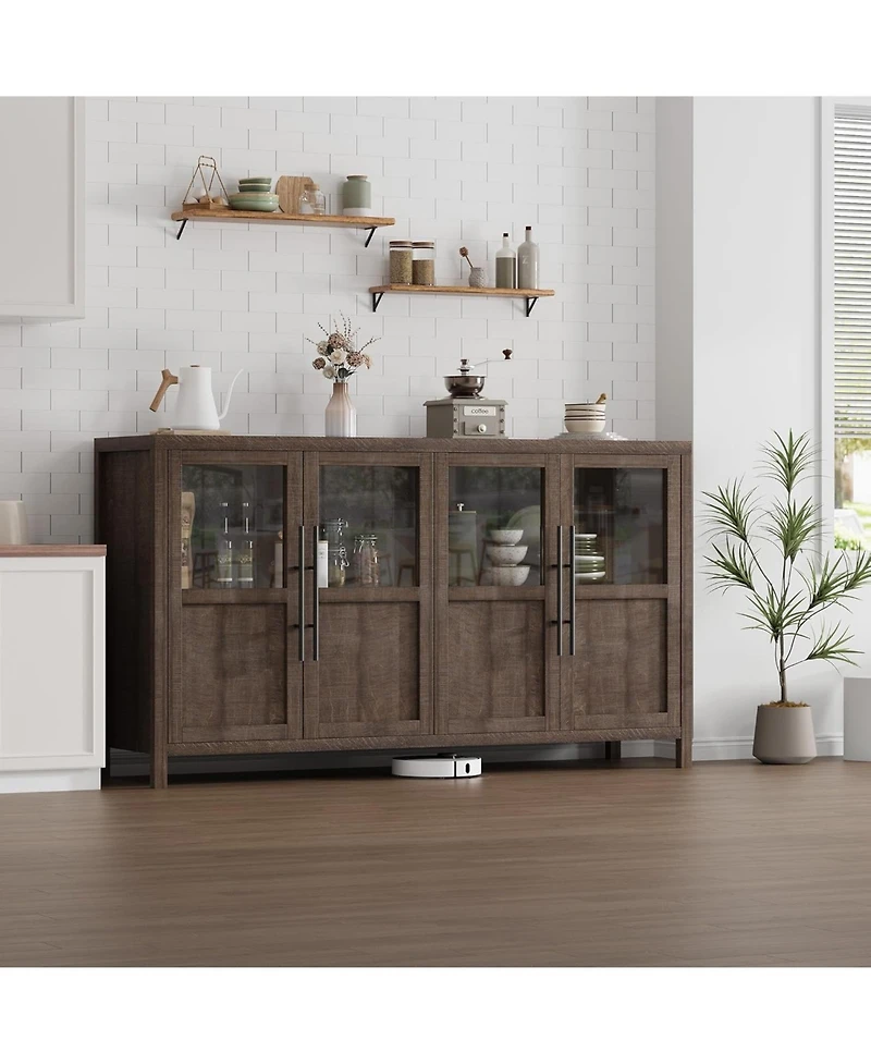 gaomon Sideboard Buffet Cabinet with 4 Glass Doors, 55 in Buffet Table Coffee Bar Wine Bar Display Cabinet for Kitchen Dining Room