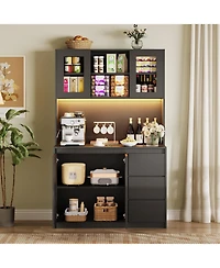 gaomon 71 Inch Tall Black Kitchen Pantry Cabinet with Microwave Shelf Led Lights and Charging