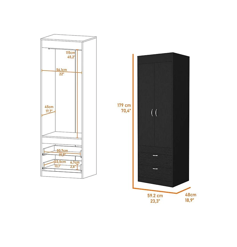 Flynama Armoire with Double Door Cabinet Two Drawers Hanging Rod Black Manufactured Wood 70.47inch High Bedroom Storage Organizer