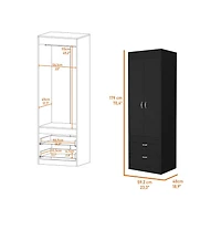 Flynama Armoire with Double Door Cabinet Two Drawers Hanging Rod Black Manufactured Wood 70.47inch High Bedroom Storage Organizer