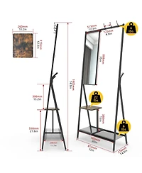 Rainsken Coat Rack with Mirror, Industrial Style Multifunctional Hall Tree with Shelf, Hooks for Living Room, Entryway, Hallway