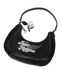 True Religion Wing Motif Denim Hobo Bag with Red Trim