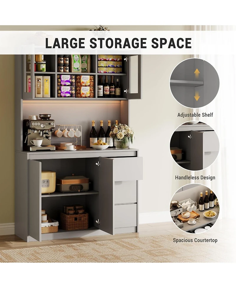 gaomon 71 Inch Tall Grey Kitchen Pantry Cabinet with Led Lights Charging and Microwave Shelf