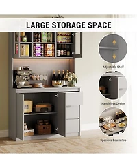 gaomon 71 Inch Tall Grey Kitchen Pantry Cabinet with Led Lights Charging and Microwave Shelf