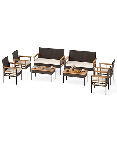 Gymax Set of 8 Wicker Furniture Set w/Acacia Wood Tabletop Armrests Cushions for Backyard