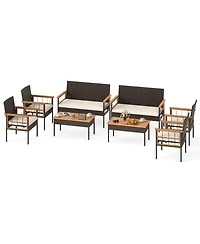 Gymax Set of 8 Wicker Furniture Set w/Acacia Wood Tabletop Armrests Cushions for Backyard