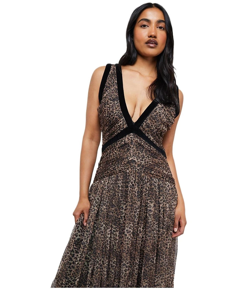 Warehouse Women's Velvet Trim Leopard Tulle Maxi Dress
