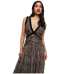 Warehouse Women's Velvet Trim Leopard Tulle Maxi Dress