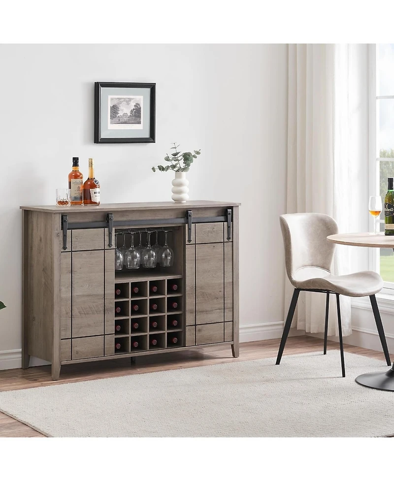 gaomon Farmhouse Bar Cabinet with Sliding Barn Doors, Rustic Liquor & Coffee Station with Wine Glass Racks & Adjustable Shelves