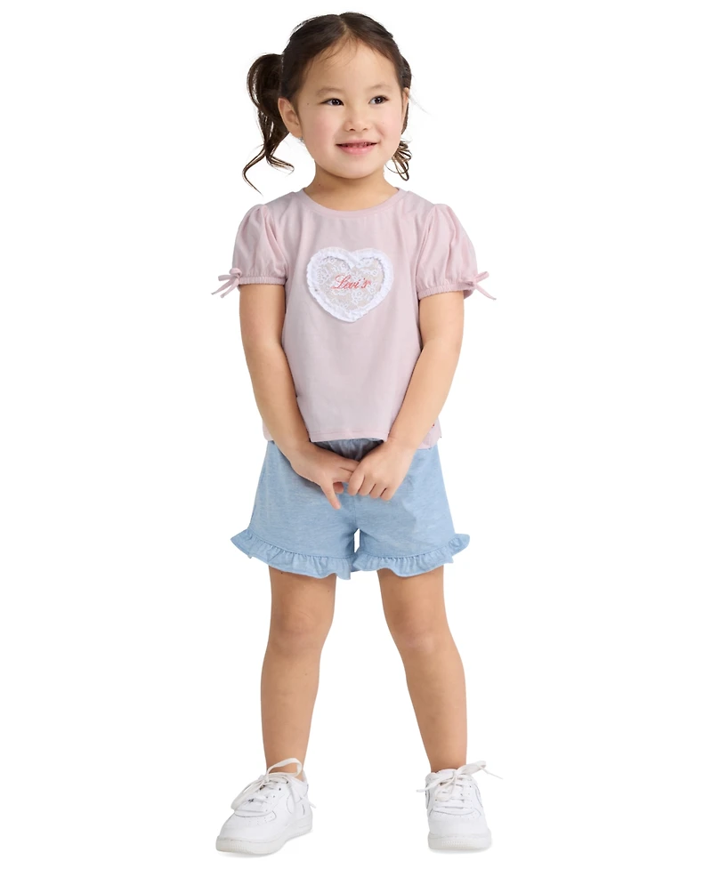 Levi's Girls' Toddler 2T-4T Bow Sleeve T-Shirt and Belted Shorts, 2-Piece Set