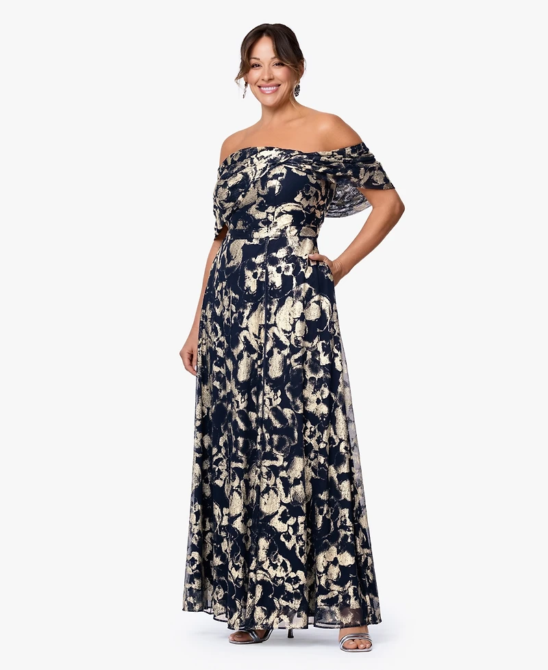 Betsy & Adam Plus Printed Off-The-Shoulder Ball Gown