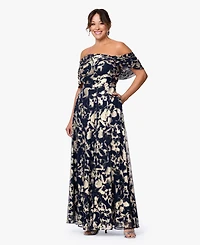 Betsy & Adam Plus Printed Off-The-Shoulder Ball Gown