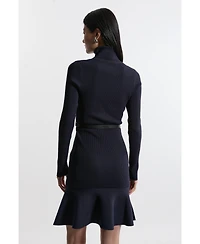 Karen Millen Women's Roll Neck Belted Flippy Hem Mini Dress