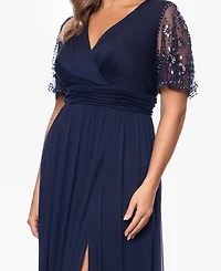 Xscape Plus Beaded Sleeve Slit Gown
