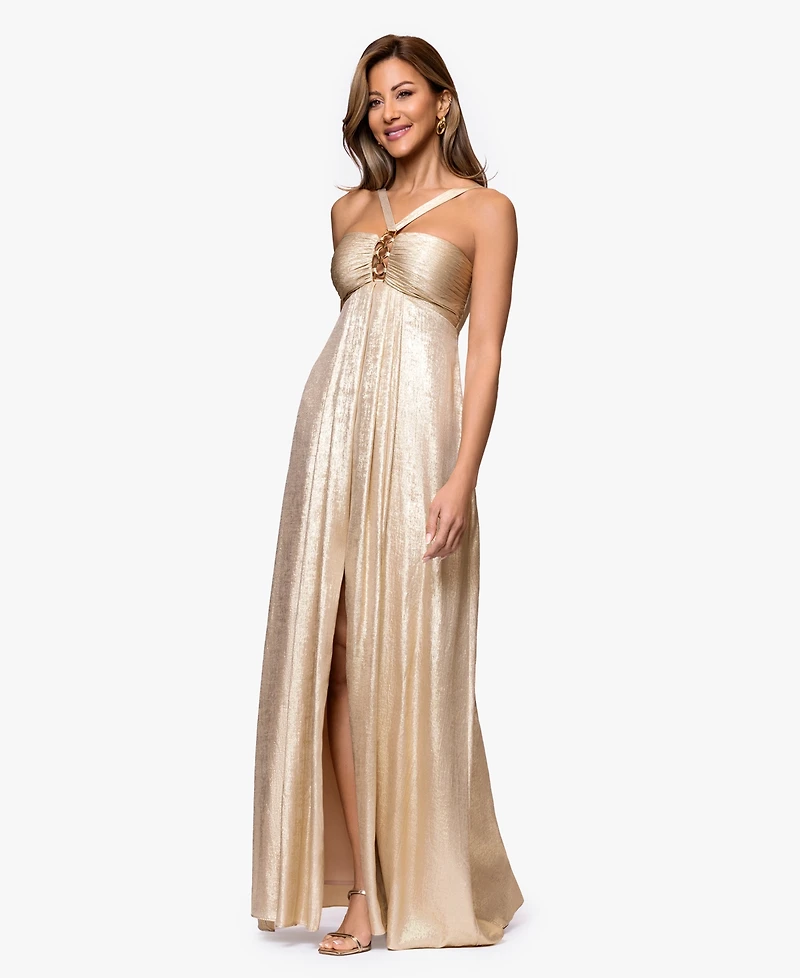 Xscape Petite Metallic Hardware Halter Neck Gown