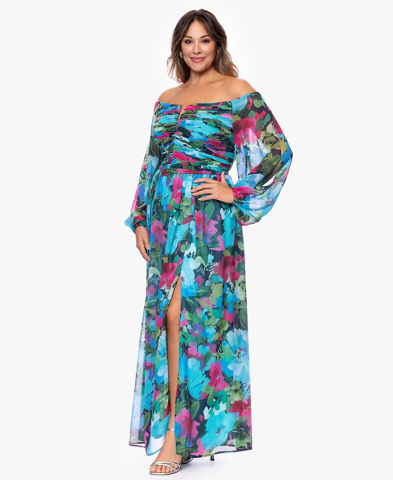 Xscape Plus Off-The-Shoulder Long-Sleeve Printed Gown