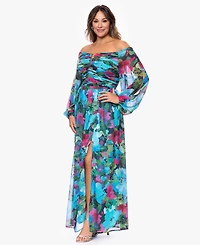 Xscape Plus Off-The-Shoulder Long-Sleeve Printed Gown