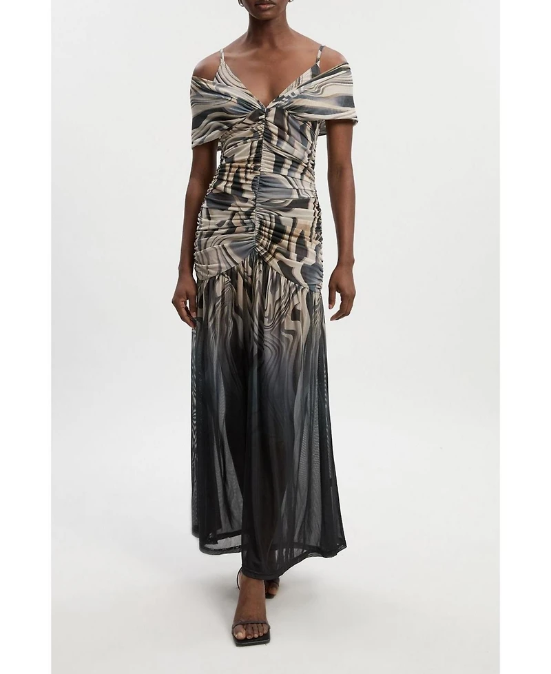 Karen Millen Women's Marble Print Mesh Plunge Maxi Dress