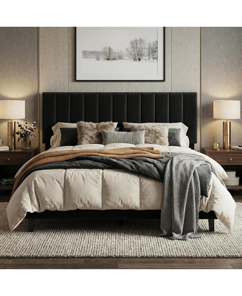 gaomon Queen Bed Frame, Velvet Upholstered Platform with Adjustable Vertical Channel Tufted Headboard, No Box Spring Needed, Easy Assembly