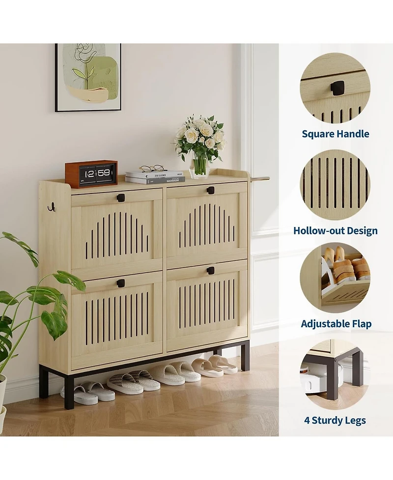 gaomon Modern 4 Turn Over Drawer Shoe Storage Cabinet - Adjustable Shelves, Space-Saving Wooden Organizer, Hollow-Out Panel & Black Handles