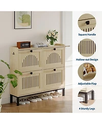 gaomon Modern 4 Turn Over Drawer Shoe Storage Cabinet - Adjustable Shelves, Space-Saving Wooden Organizer, Hollow-Out Panel & Black Handles