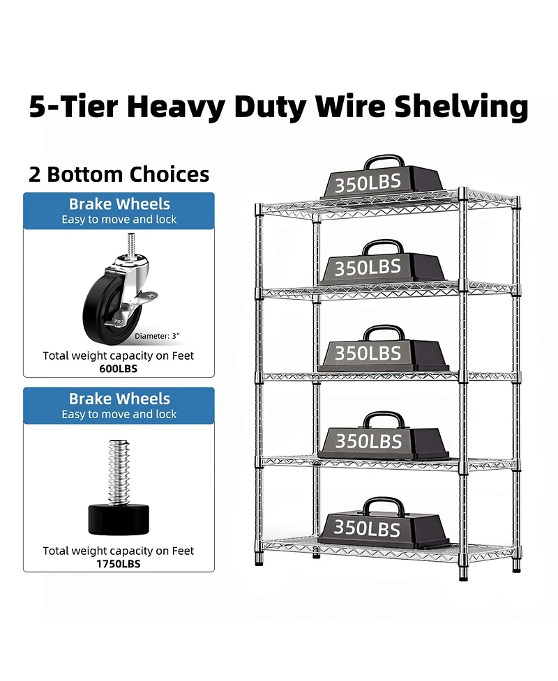 Rainsken 5-Tier Storage Shelves, Heavy Duty Metal Wire Shelving Unit, Adjustable Shelving Rack with Wheels for Basement, Warehouse, Chrome
