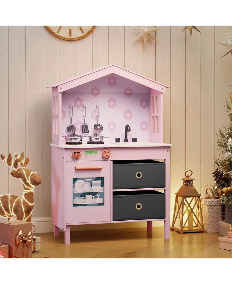 Mecale Kids Play Kitchen Toy with 2 Stoves & Rotating Knobs, Wooden Pretend Play Set