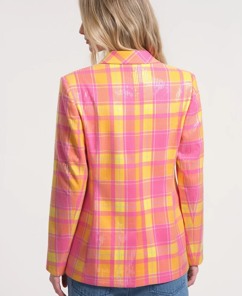 Isaac Mizrahi Women's Long-Sleeve Plaid Sequin Blazer