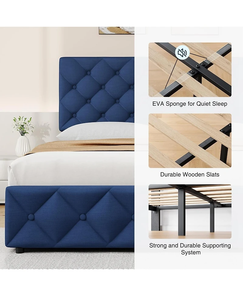 gaomon Bed Frame 4 Drawers Adjustable Headboard Linen Upholstered Diamond Tuft No Box Spring