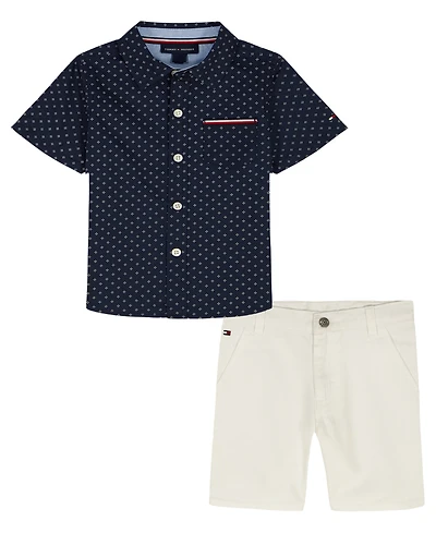 Tommy Hilfiger Baby Boys' Printed Poplin Short-Sleeve Shirt and Twill Shorts, 2-Piece Set