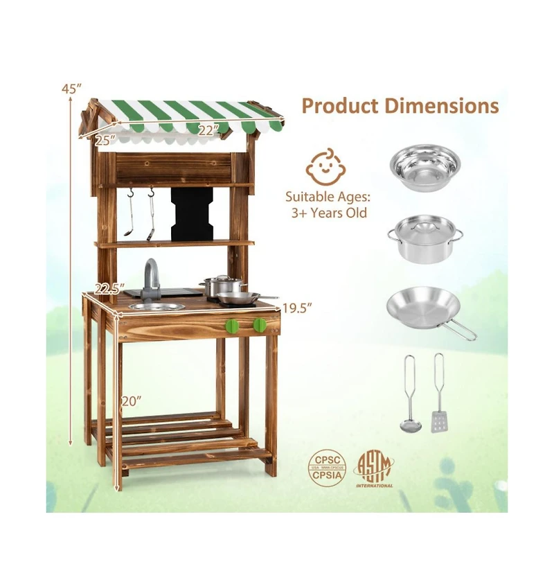 Hongge Double Sided Mud Kitchen with Canopy and Chalkboard for 3+ Years Old