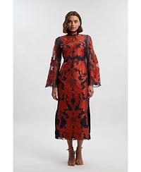 Karen Millen Women's High Neck Embroidered Midi Dress